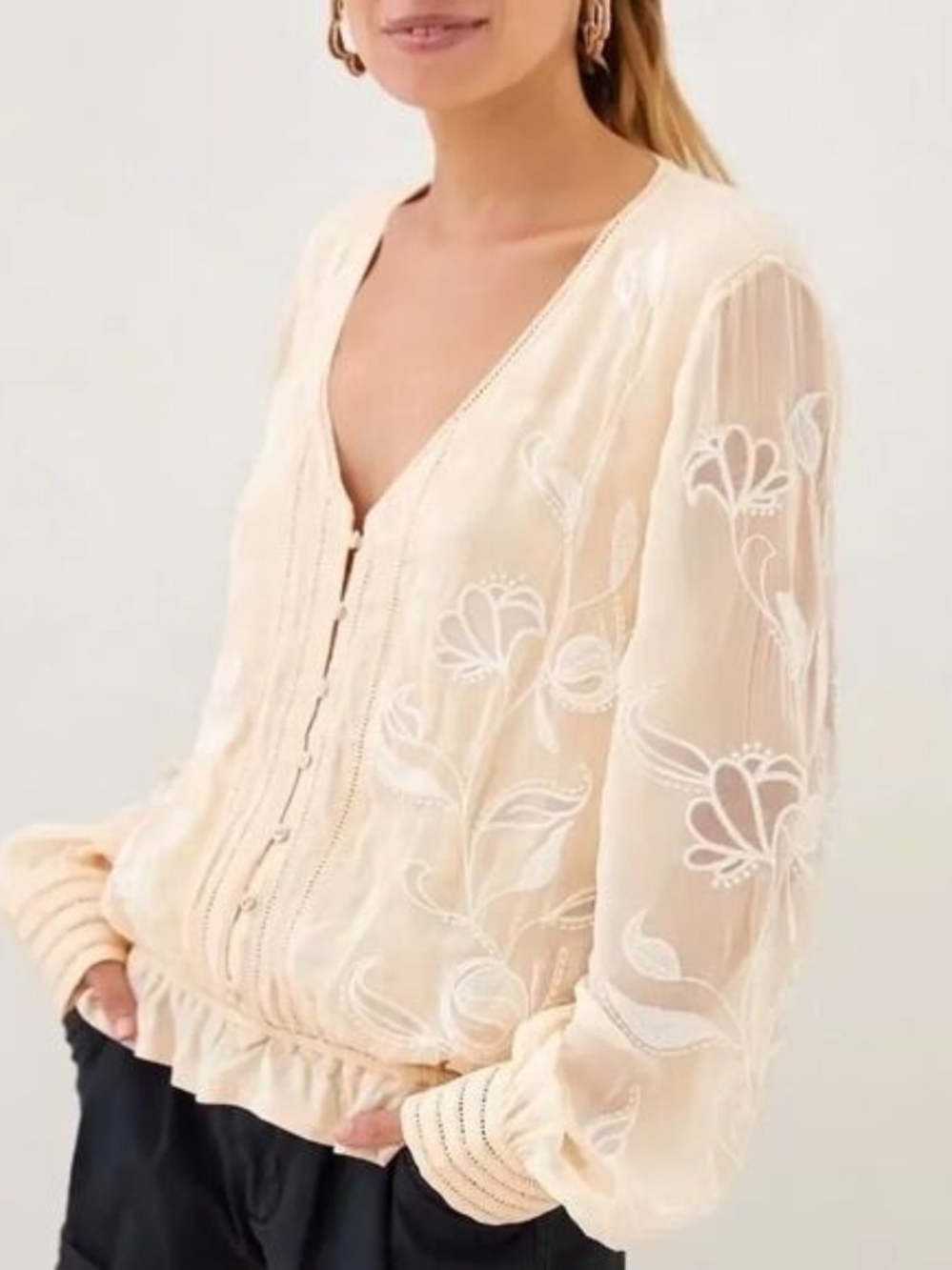 Antropologie Sheer Embroidered V-Neck Peasant Blouse - Cream